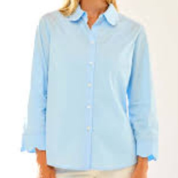 Sara Campbell White Button Down Blouse Top Shirt Scalloped The Gwen Romantic - Picture 10 of 10